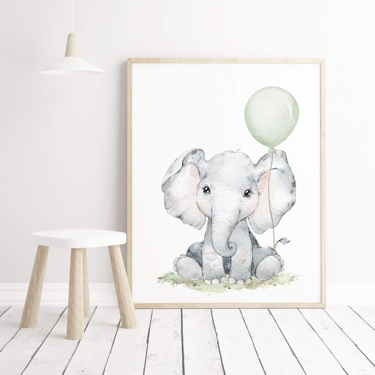 Watercolor elephant print with sage green balloon for gender neutral nursery decor, toddler room decor, baby boys room decor, girls room decor, boho room decor
