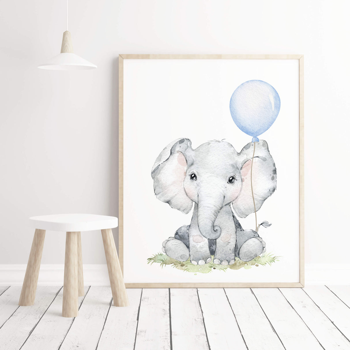 Watercolor elephant print with light blue balloon for toddler room decor, baby boys room decor, toddler room decor, boho room decor
