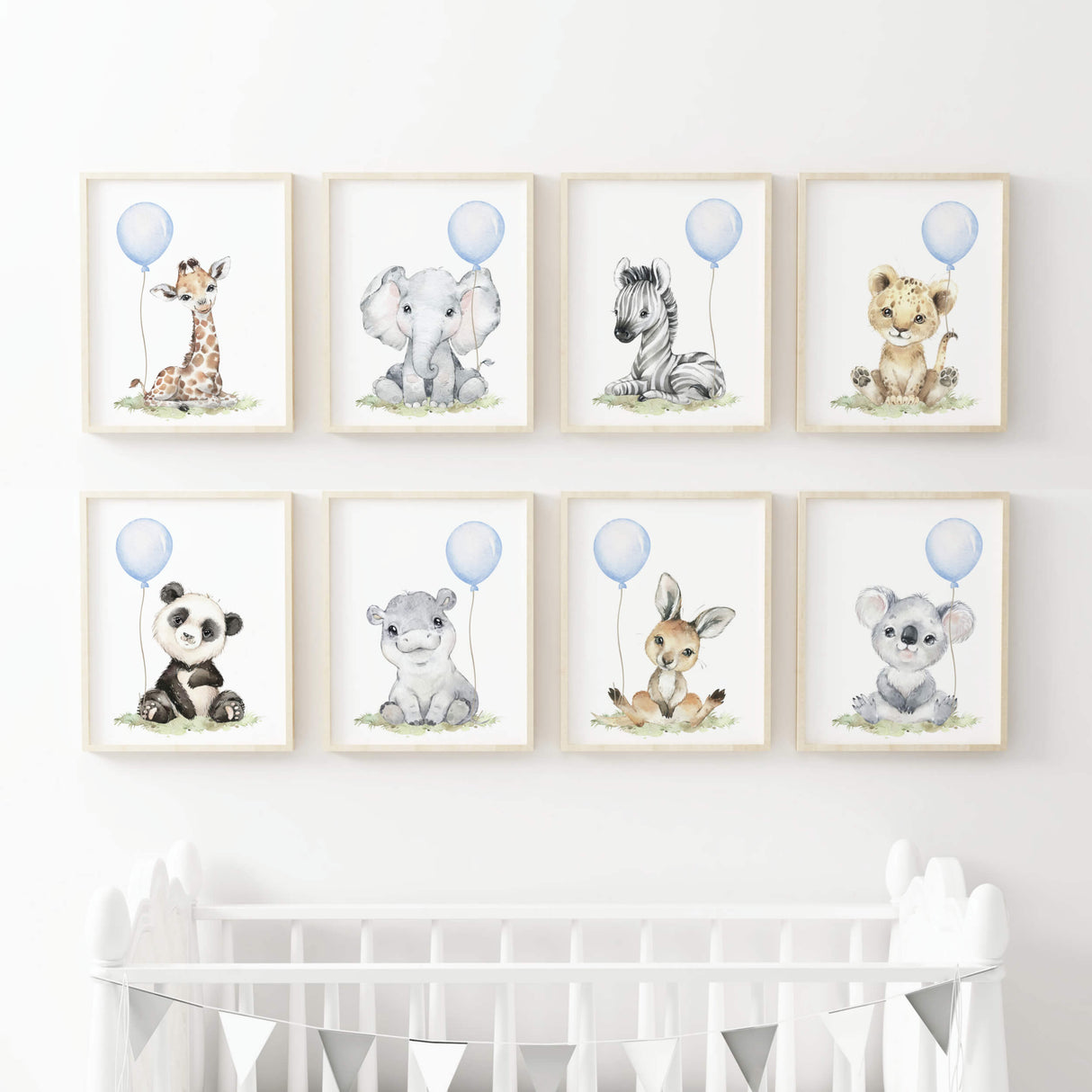 Watercolor safari animal poster with light blue balloon for toddler room decor, baby boys room decor, toddler room decor, boho room decor, animals: giraffe, elephant, lion, zebra, kangaroo, koala, hippo, panda