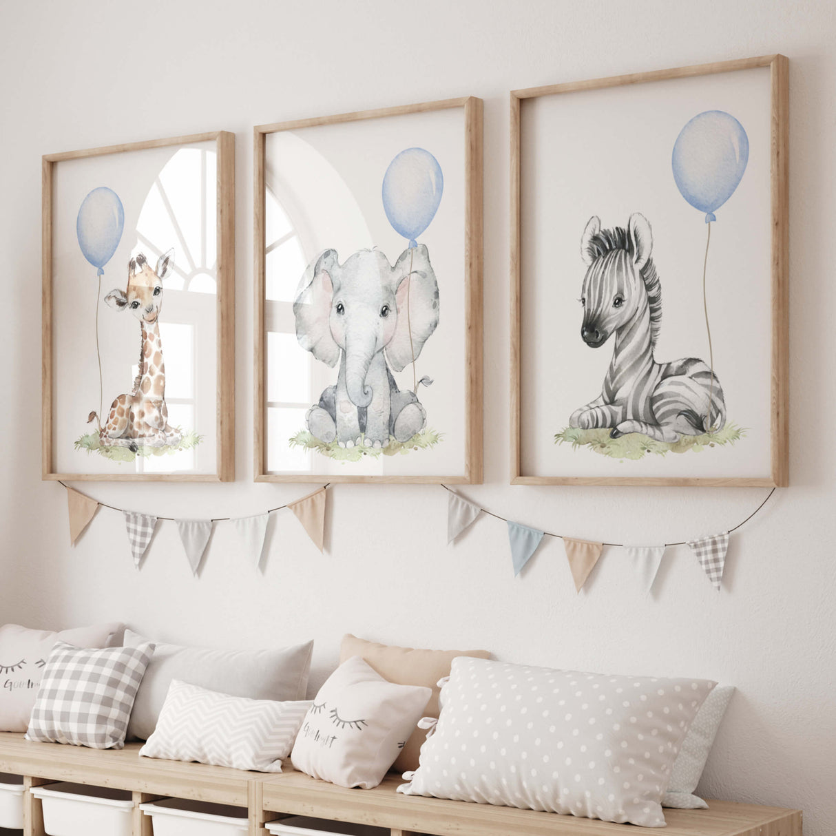 Watercolor safari animal print with light blue balloon for toddler room decor, baby boys room decor, toddler room decor, boho room decor, animals: giraffe, elephant, zebra.