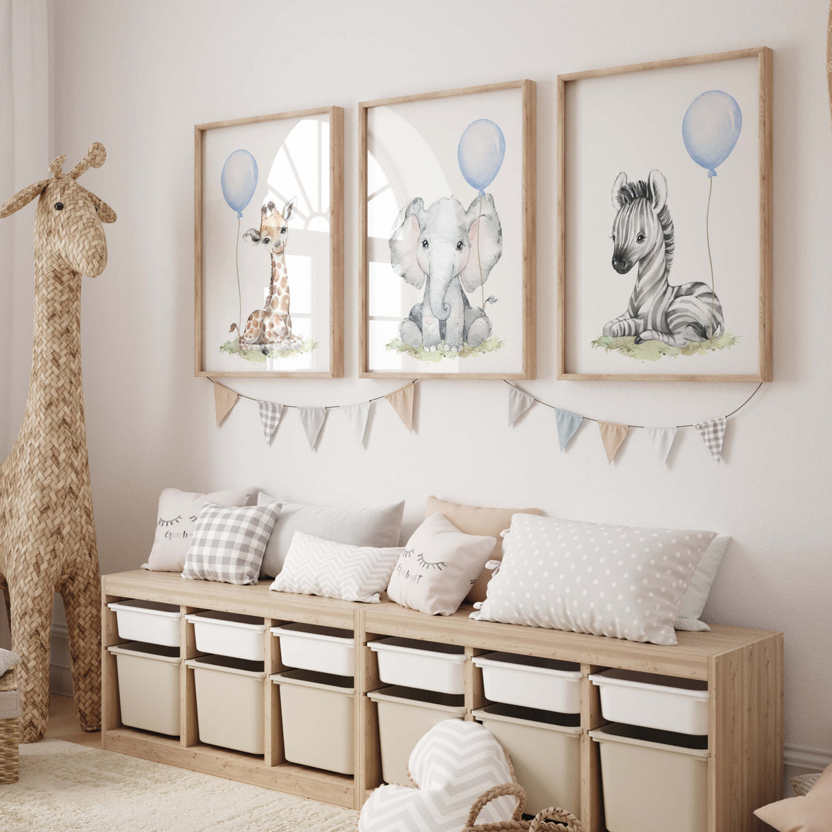 Watercolor safari animal printable with light blue balloon for toddler room decor, baby boys room decor, toddler room decor, boho room decor, animals: giraffe, elephant, zebra.