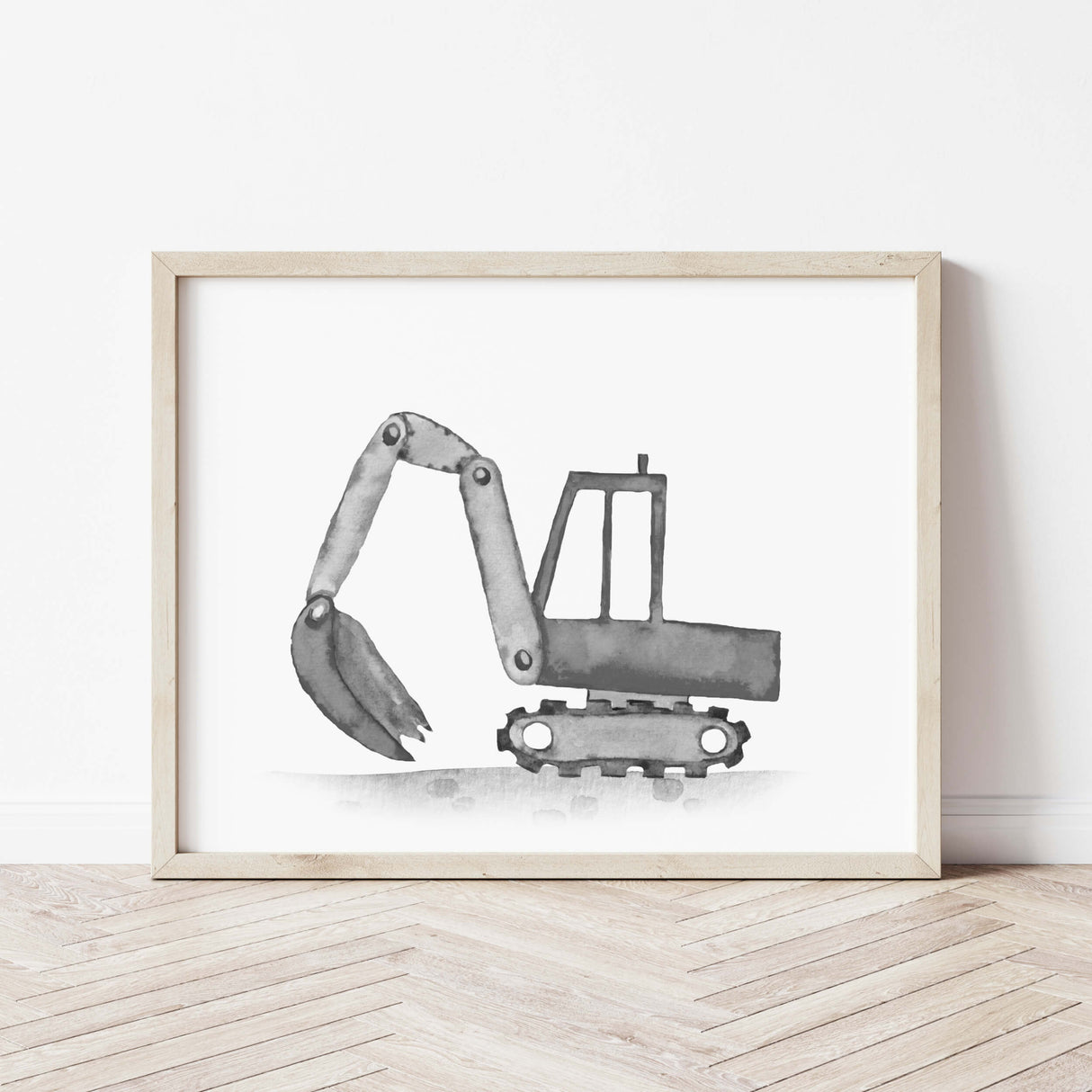 Set of 6 watercolor construction vehicle printable with excavator in black , gray colors for baby boys room decor, toddler room decor, nursery room decor.