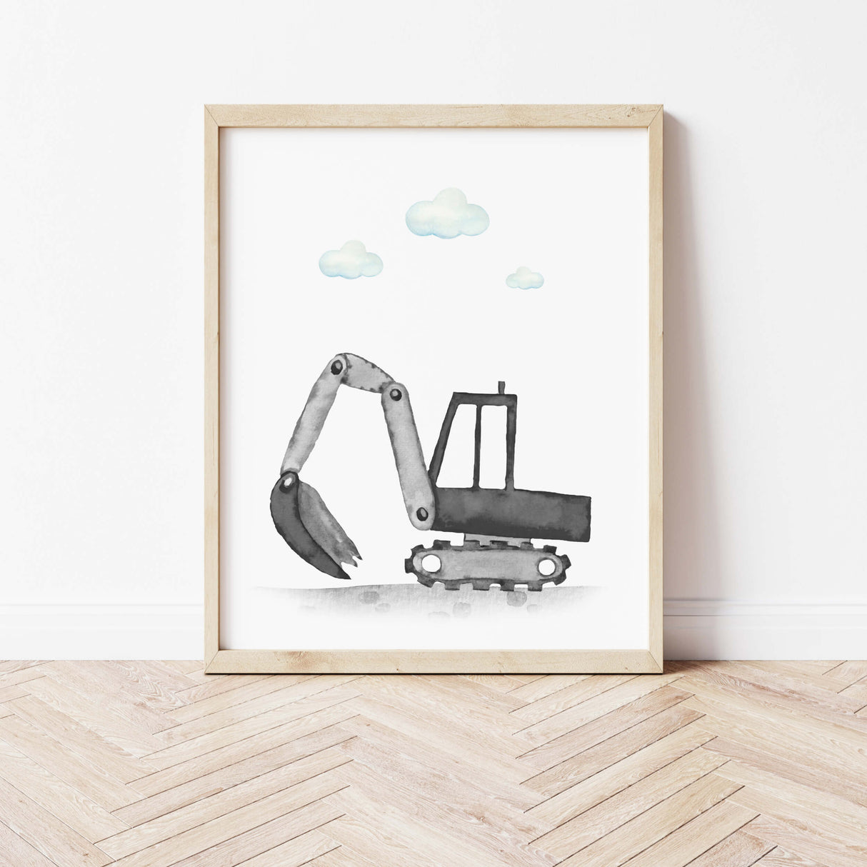 Watercolor colorful construction vehicle print with excavator for toddler room decor, baby boys room decor, nursery room decor.