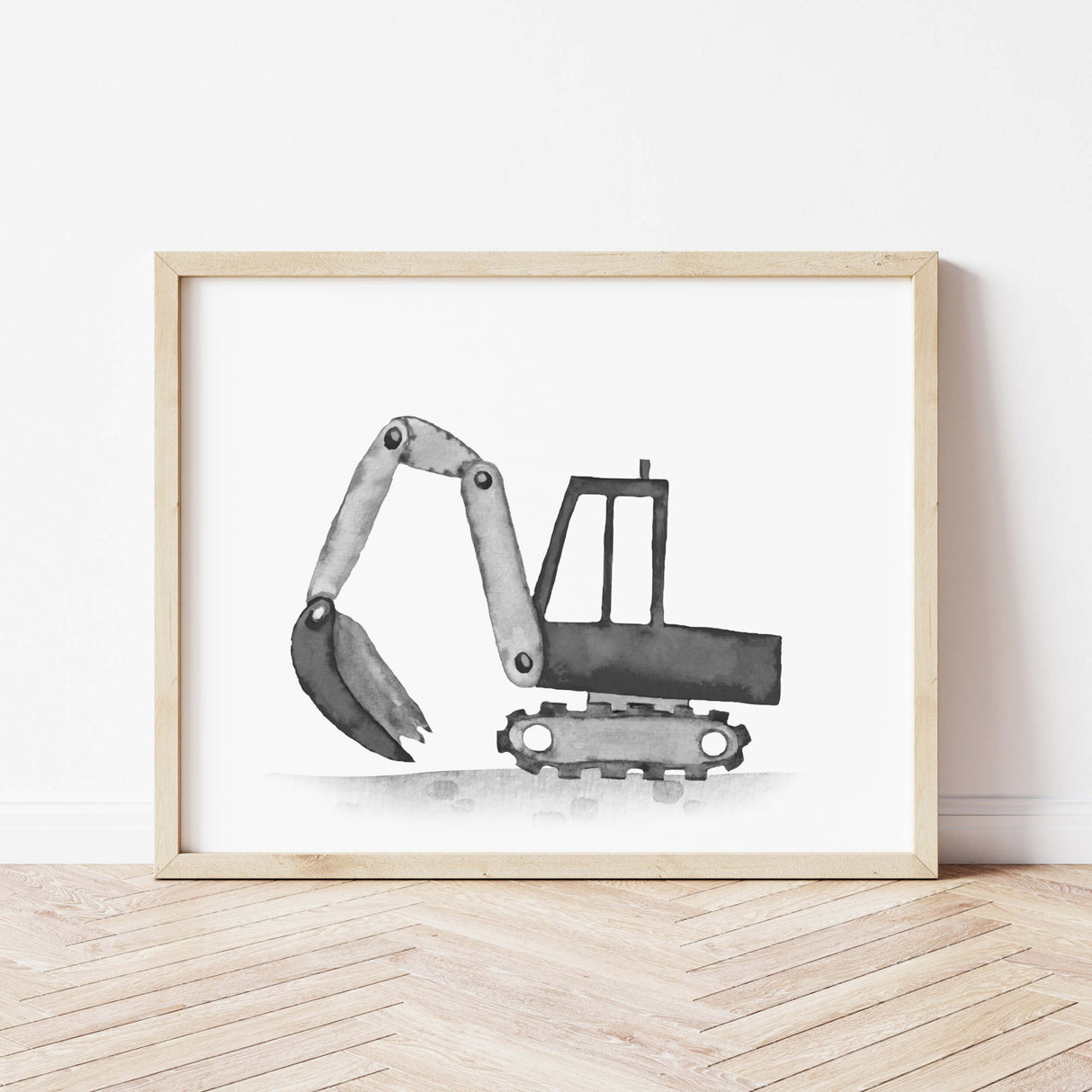Watercolor colorful construction vehicle print with excavator for toddler room decor, baby boys room decor, nursery room decor.