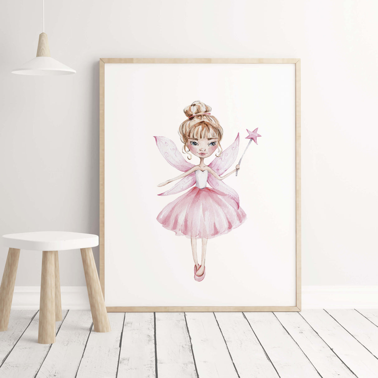 Watercolor fairy ballerina print for pink girls room decor.