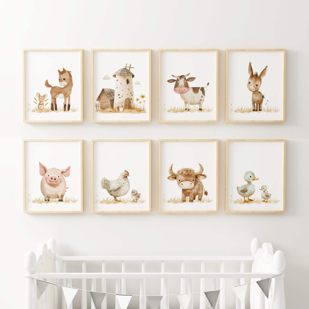 Set of 8 watercolor beigen and brown farm printable for neutral nursery ideas.