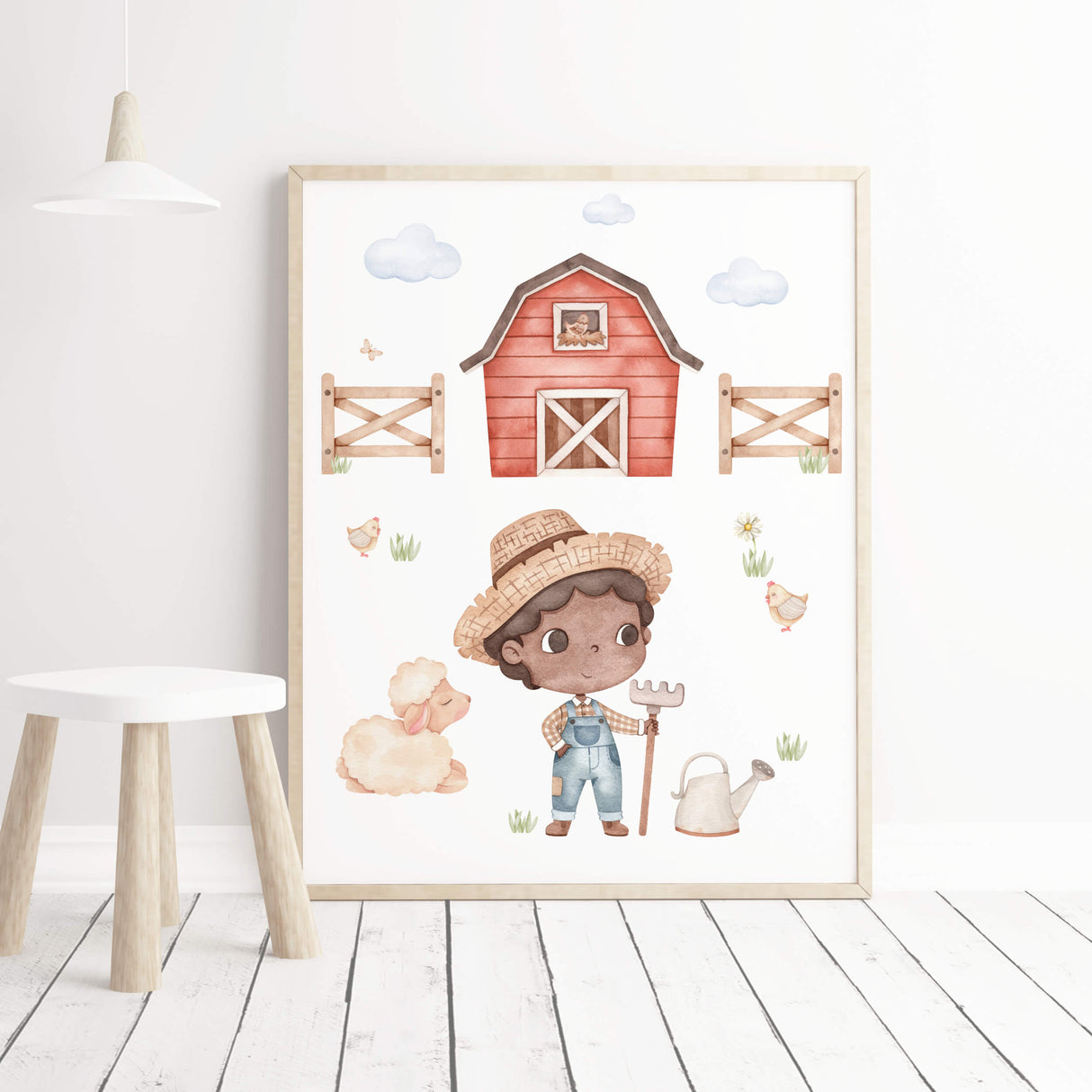 Watercolor farm boy with brown skin printable for farm nursery decor.