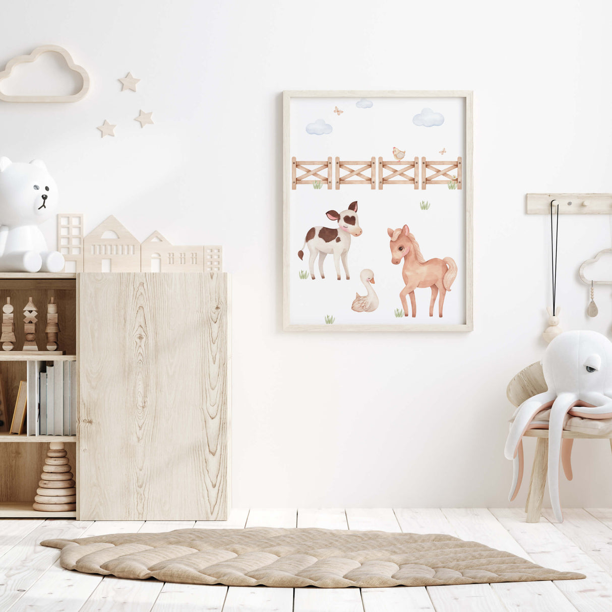 Watercolor farm print with farm animals for neutral nursery decor.