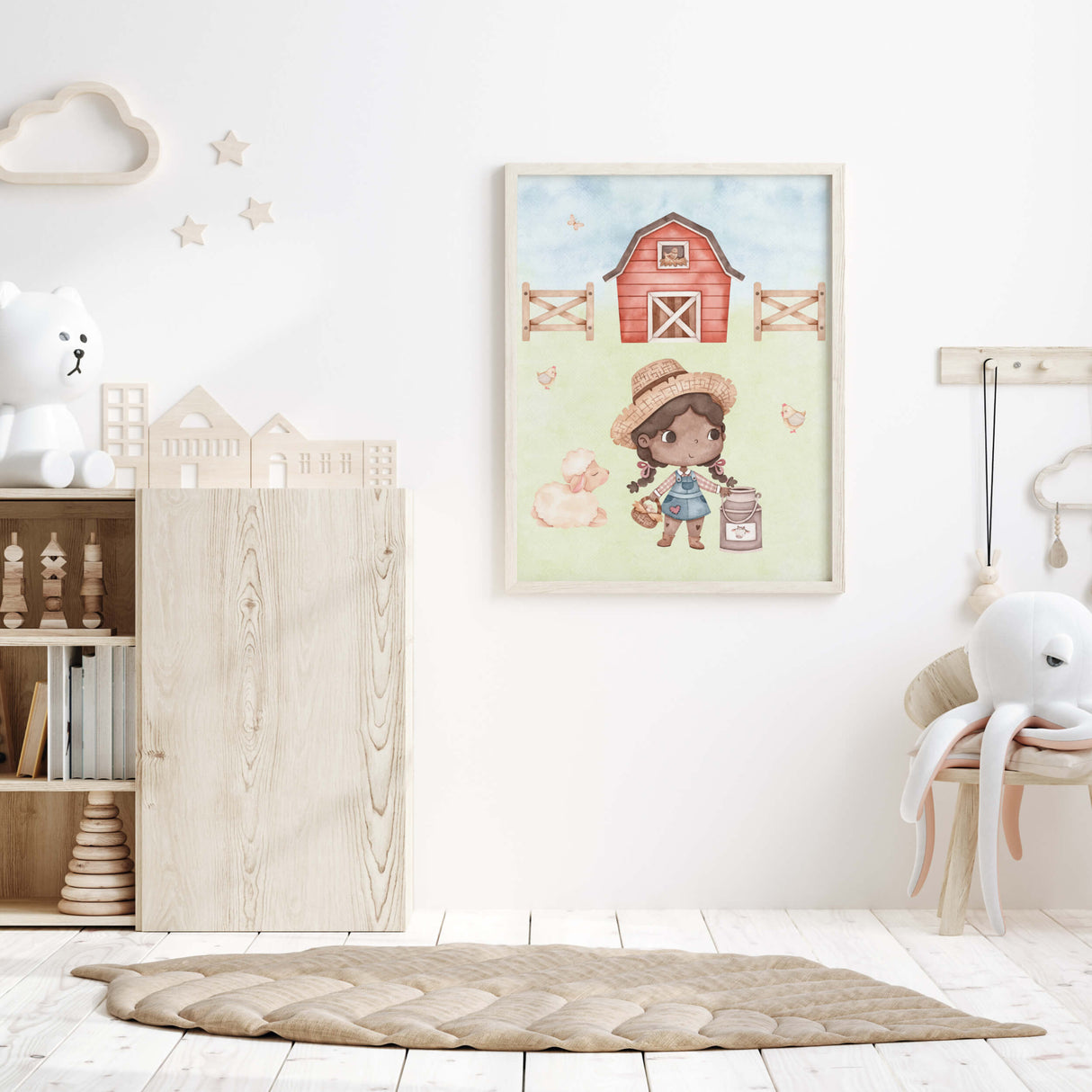 Set of 3 watercolor farm print with brown skin girl, sheep, tractor,horse, duck and cow for baby girls room decor.