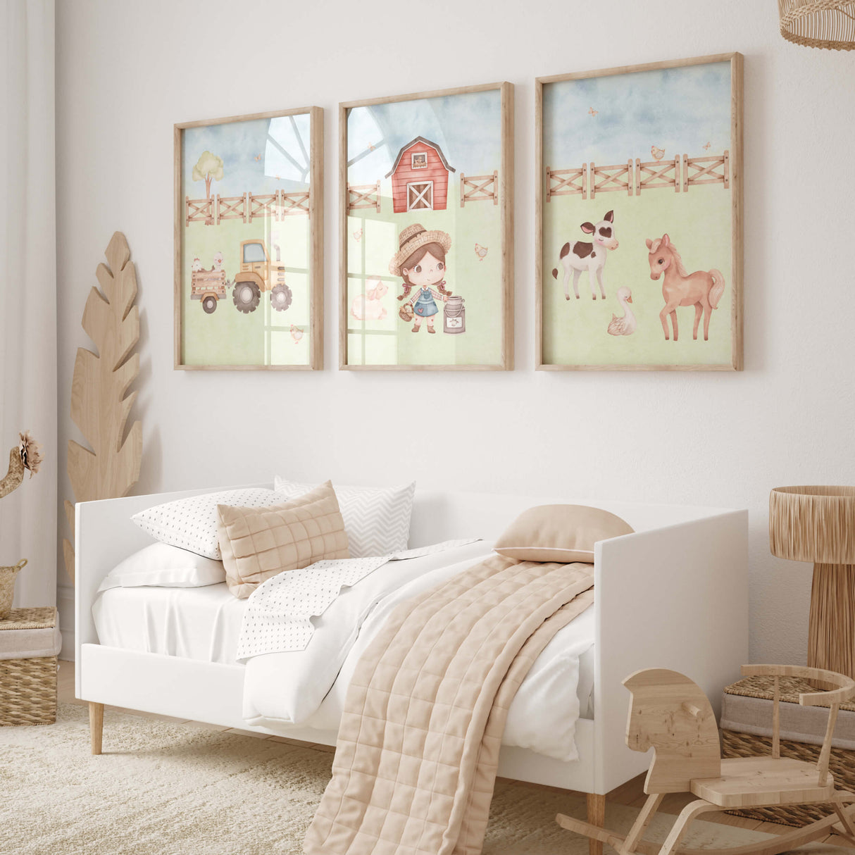 Set of 3 watercolor farm print with little girl for girls nursery decor.