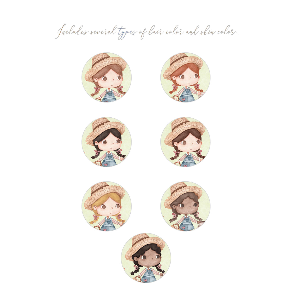 Watercolor farm girl with different hair and skin color for farm nursery decor.