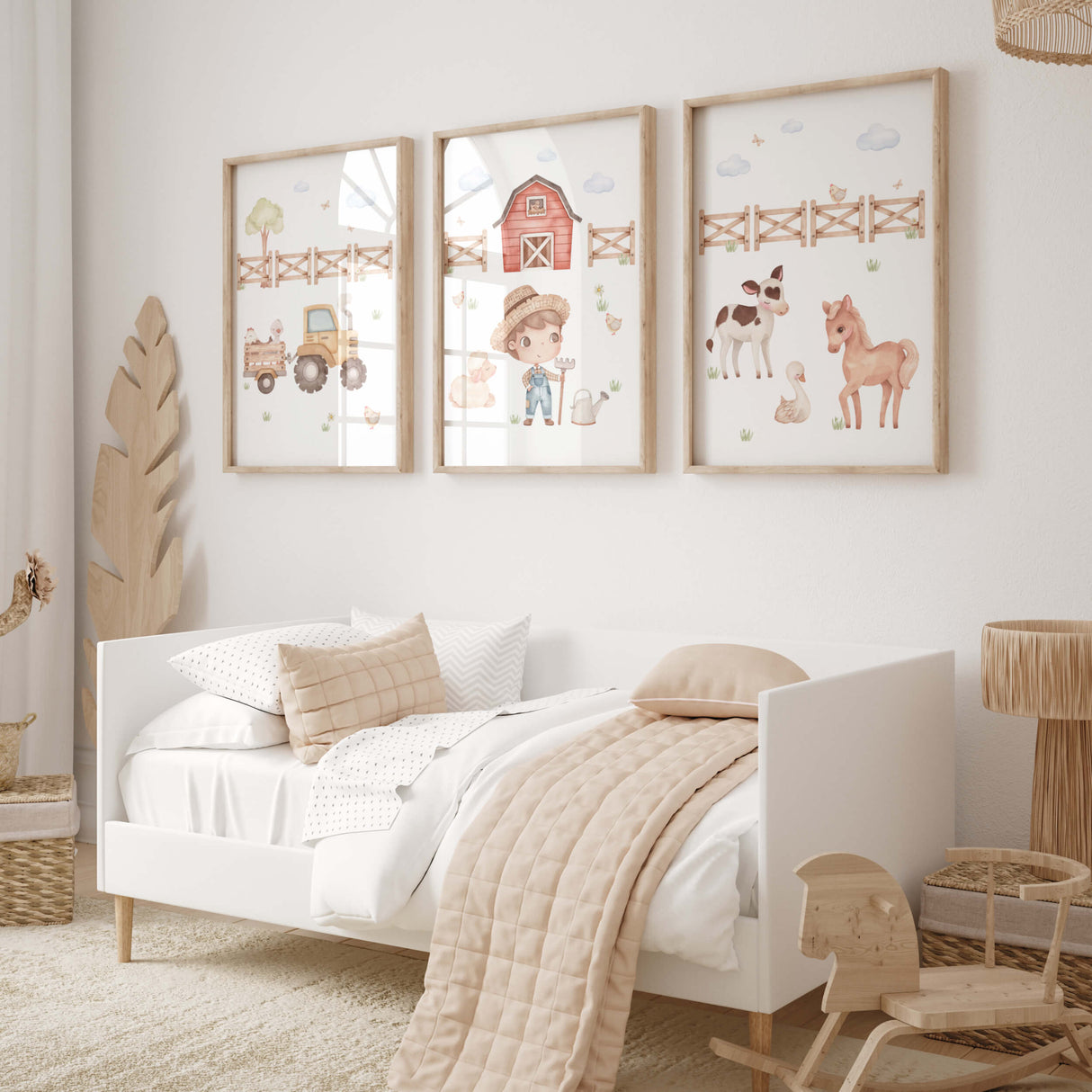 Set of 3 watercolor farm nursery print with boy, farm animals and barn for boys nursery decor and toddler room decor.