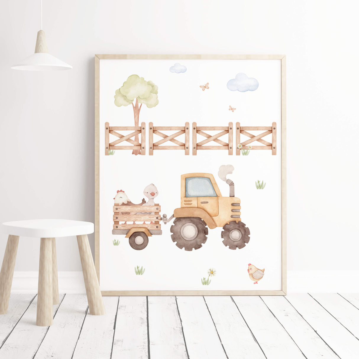Watercolor farm print with tractor, duck, tree, chicken for neutral nursery decor.