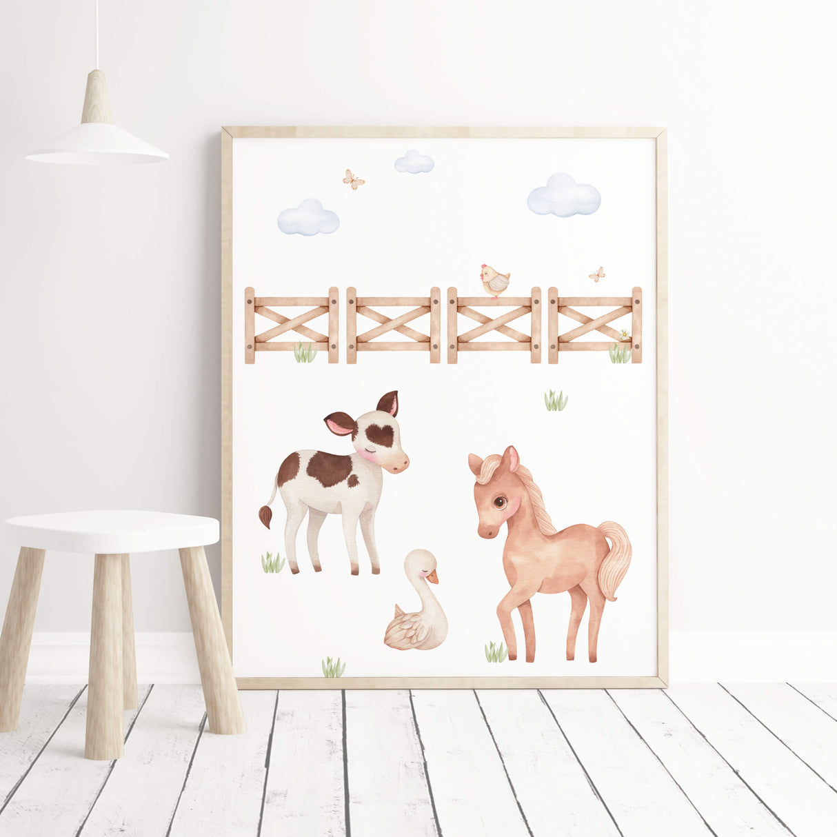 Watercolor farm animal poster for neutral nursery ideas and decor.