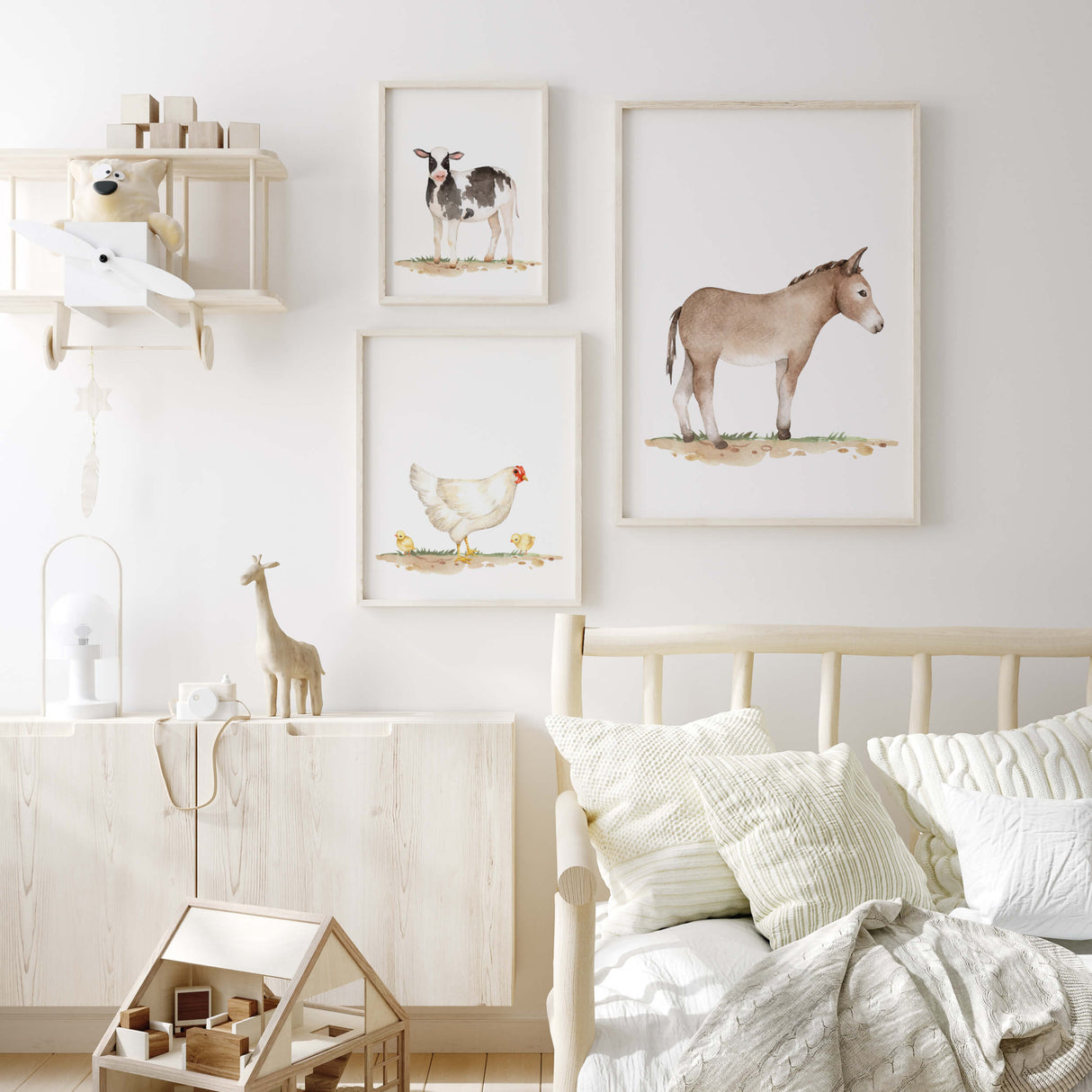 Set of 3 watercolor farm animal with horse, chicken and cow for countryside farm nursery decor.