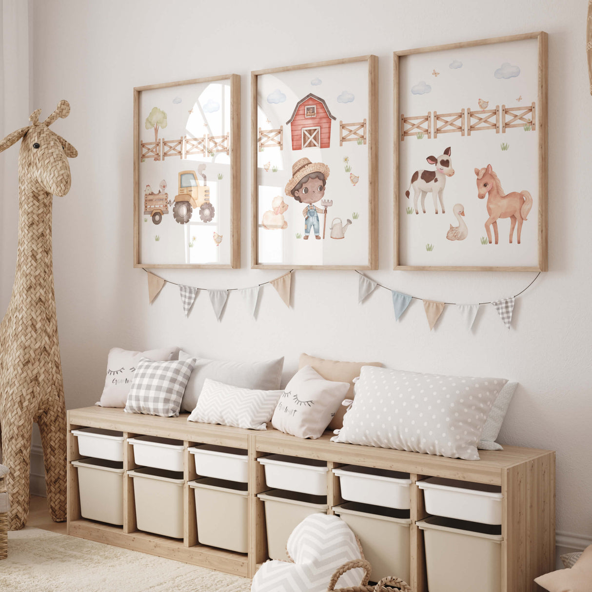 Set of 3 watercolor farm nursery poster with boy, farm animals and barn for boys nursery decor and toddler room decor.