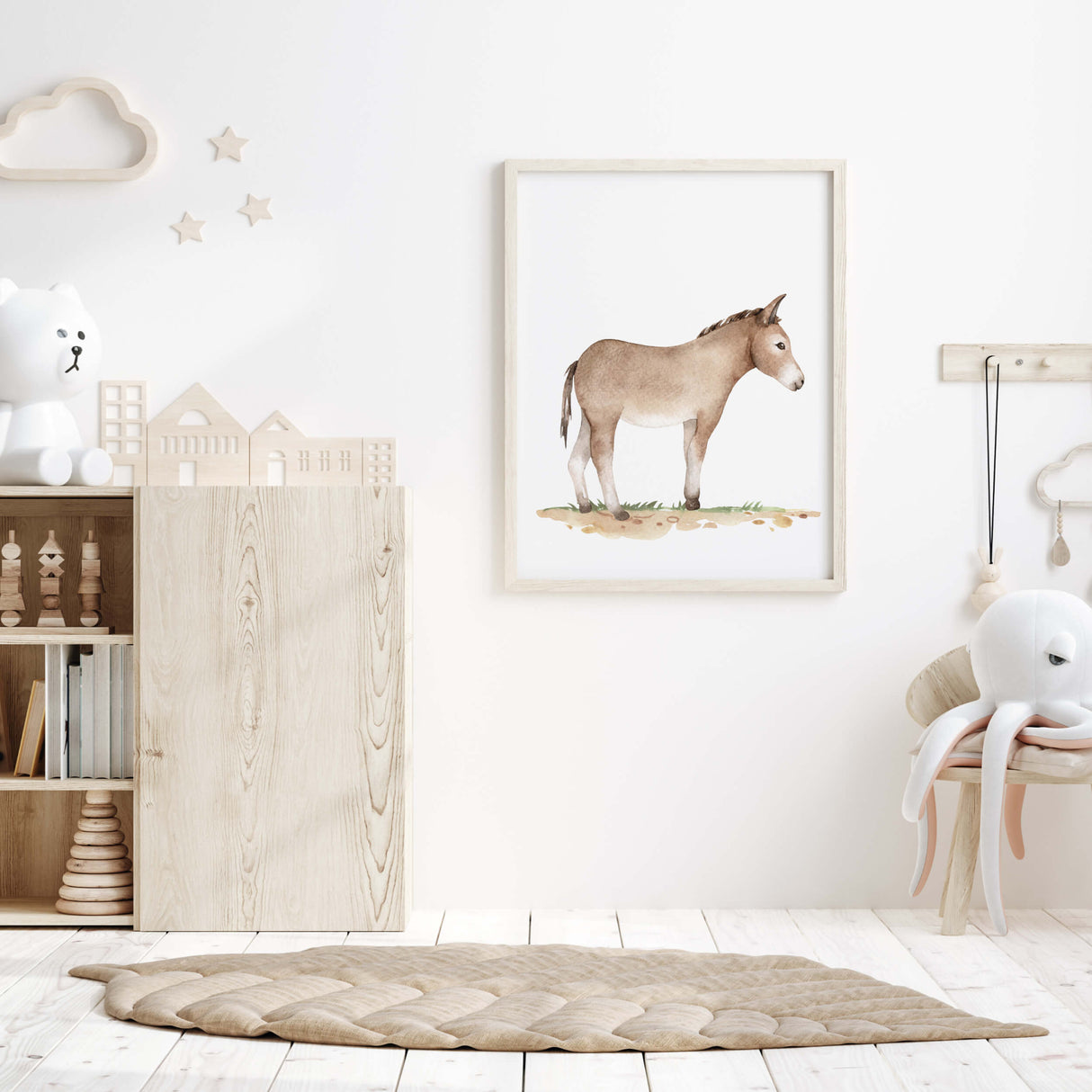 Watercolor horse print for neutral nursery farm decor.