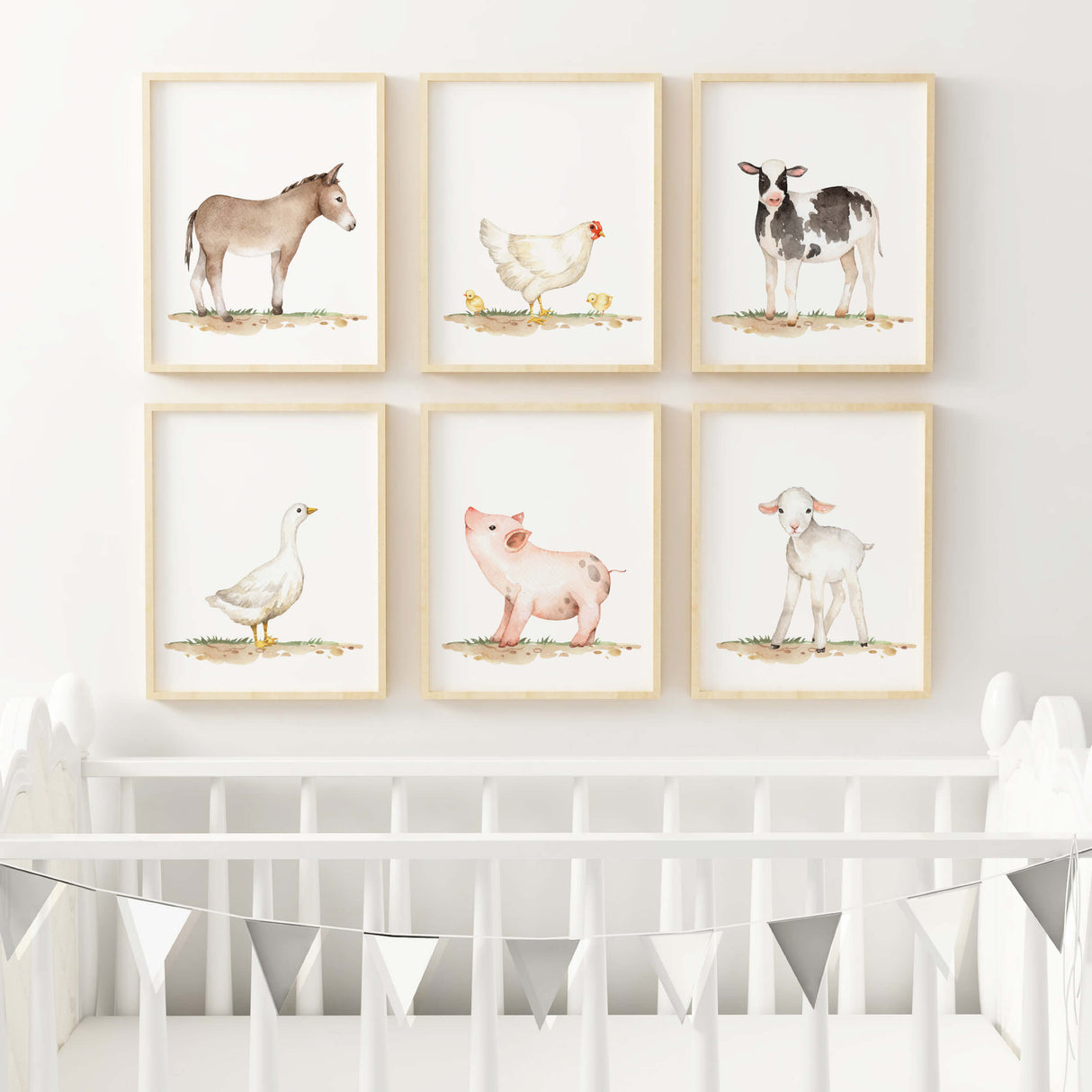 Set of 6 watercolor farm animal for neutral nursery decor.l