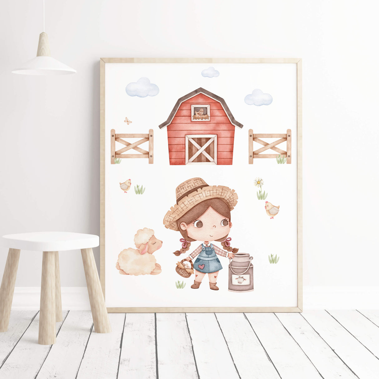 Watercolor farm girl with sheep, chicken, stable for neutral girls room deccor.