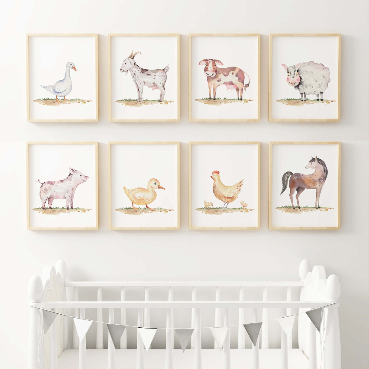 Set of 8 watercolor farm poster for kis room wall decor.