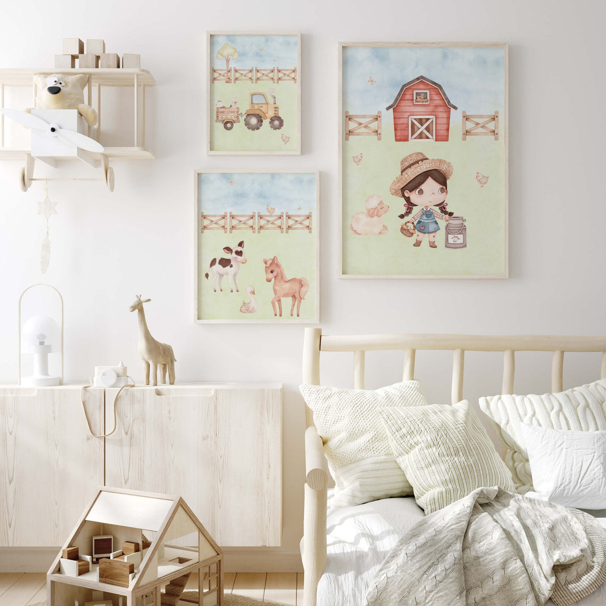 Set of 3 watercolor farm print with girls,sheep, tractor,horse, duck, rake and cow for girls room decor.