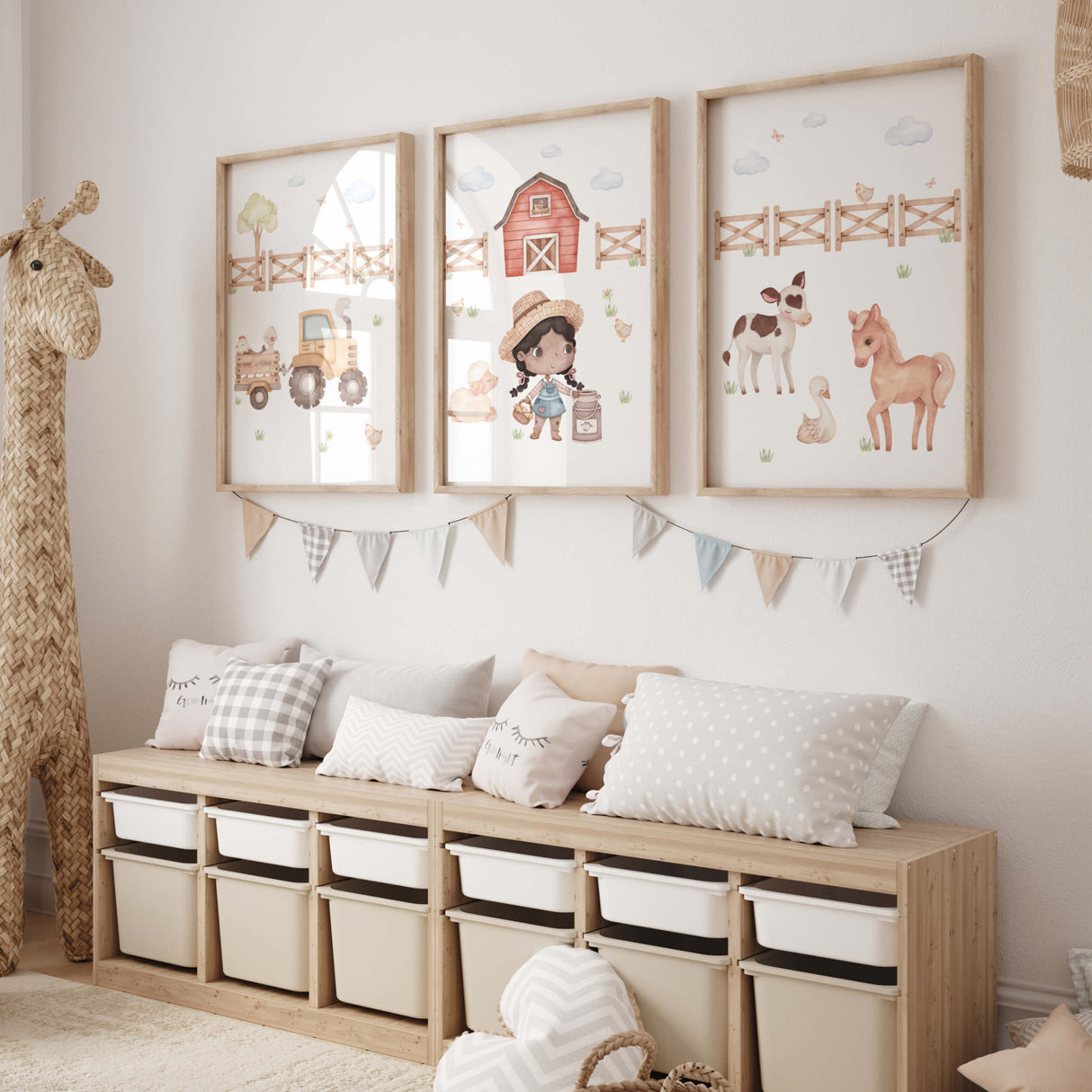 Set of 3 watercolor farm print with farm girl, tractor and farm animals for countryside room decor.