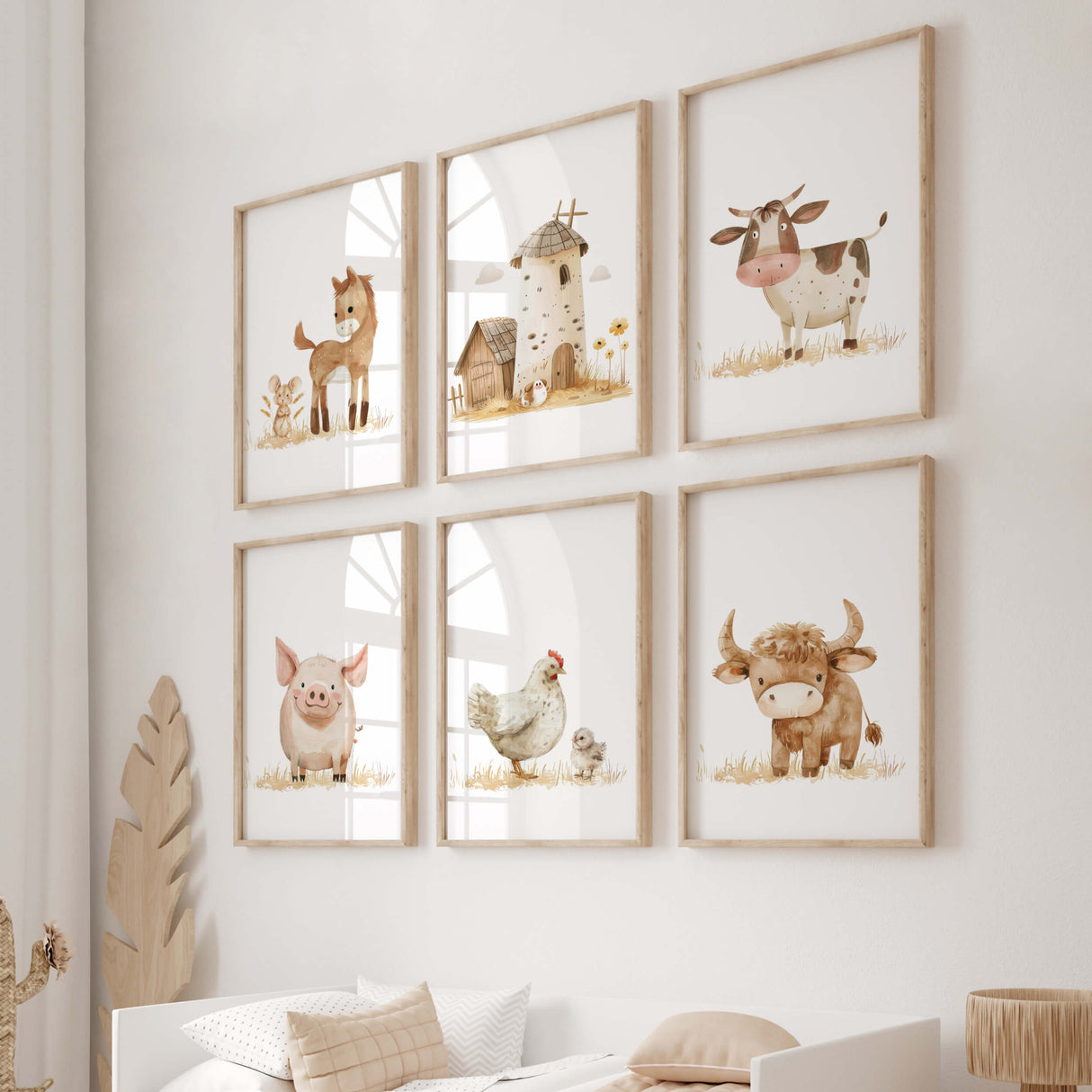 Set of 6 watercolor farm animal poster with beige and brown colors for kids room neutral decor.