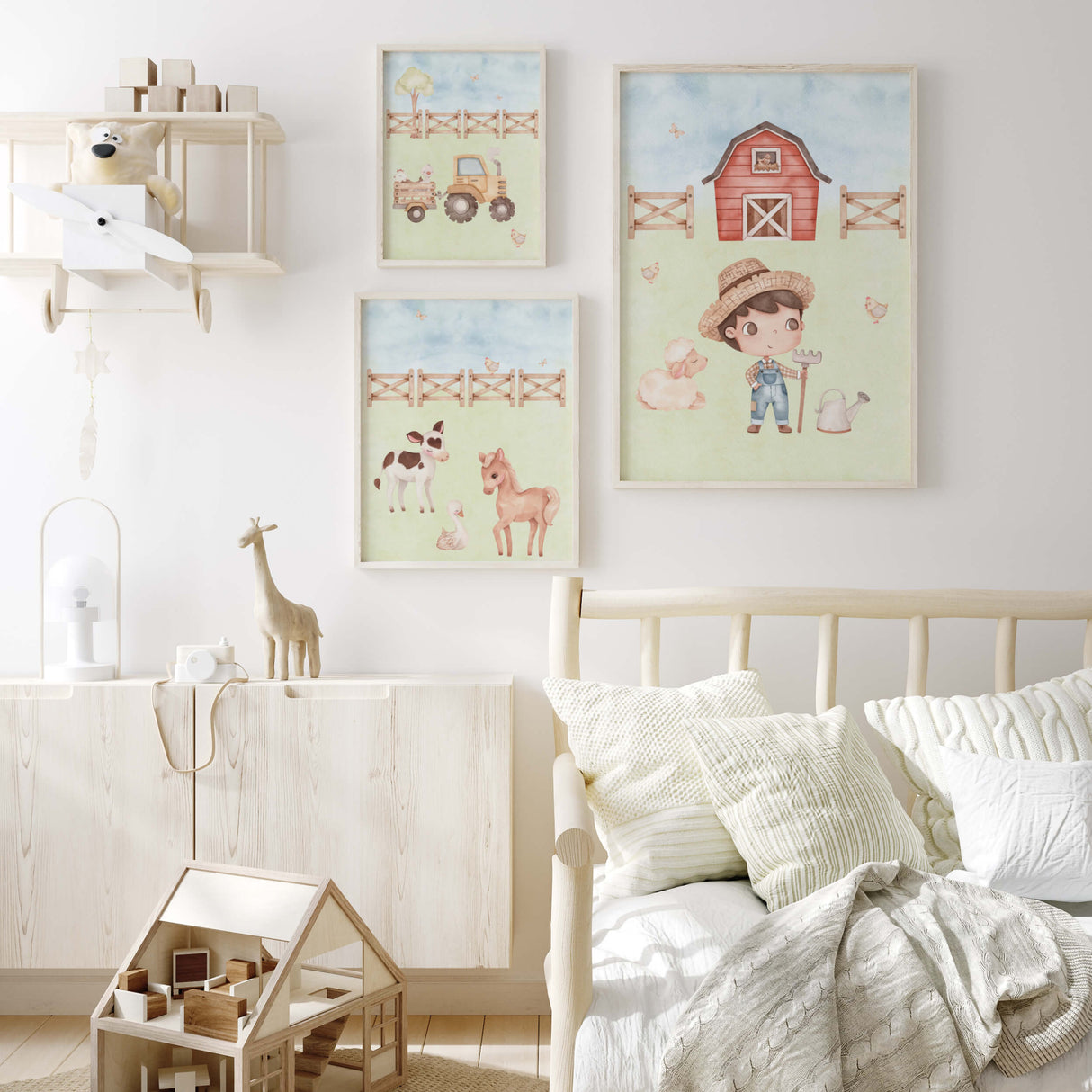 Set of 3 watercolor farm print with sheep, tractor,horse, duck and cow for toddler room decor.