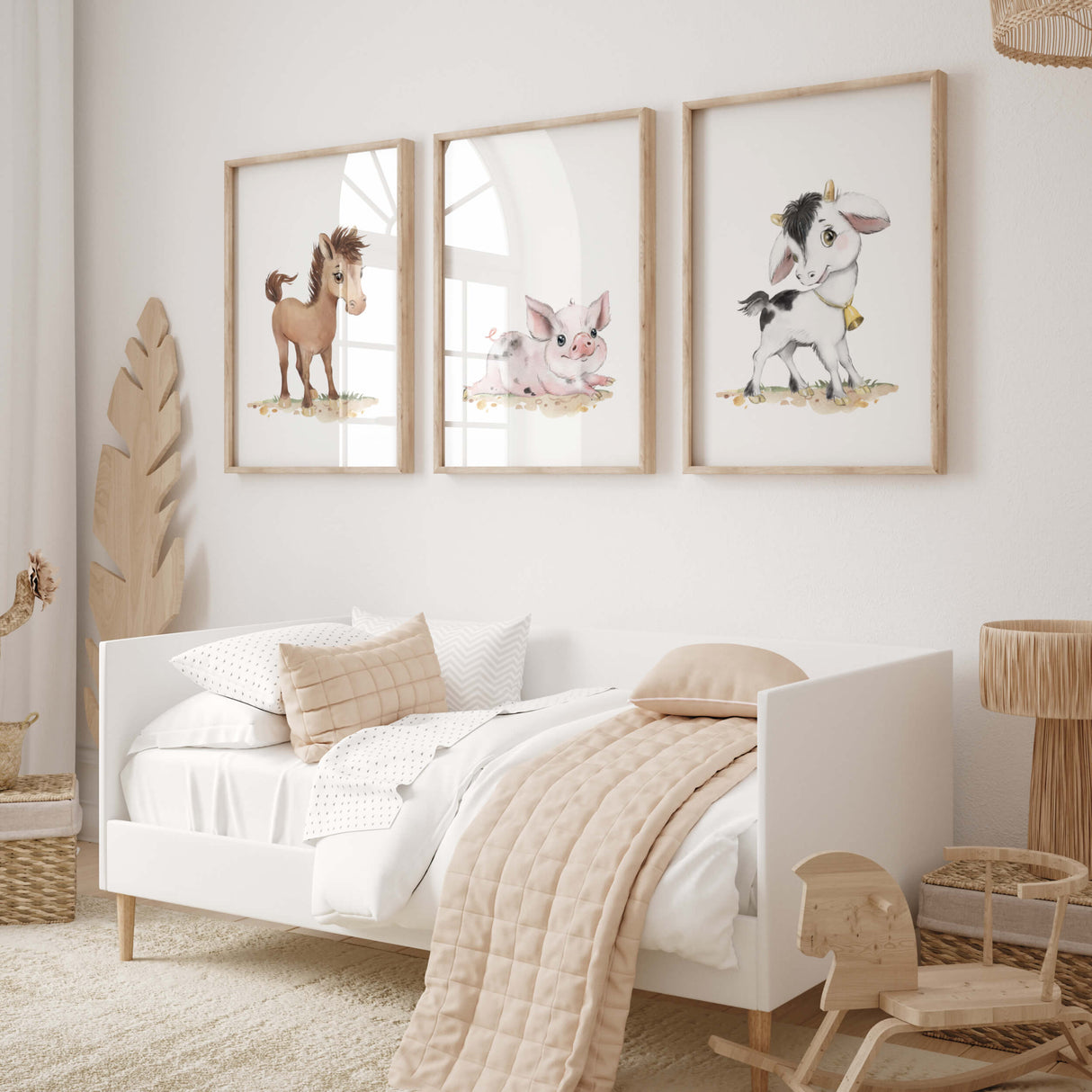 Set of 3 watercolor farm animals printable with horse, pig, cow for farm nursery decor, gender neutral nursery ideas and decor.