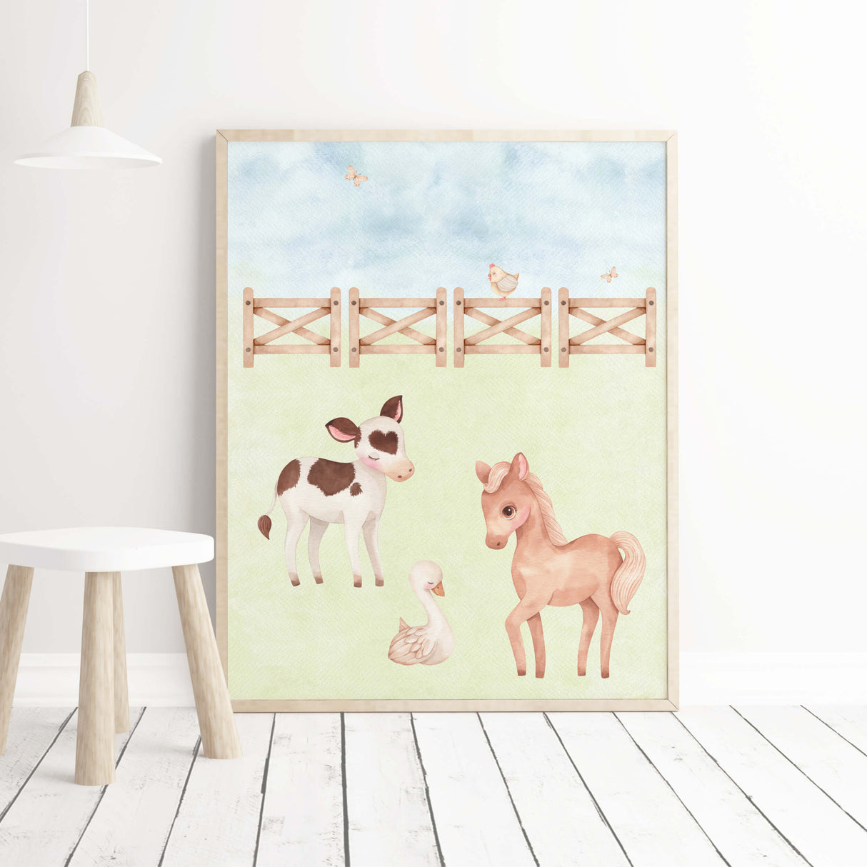 Set of 3 watercolor farm print with horse, duck and cow for toddler room decor.