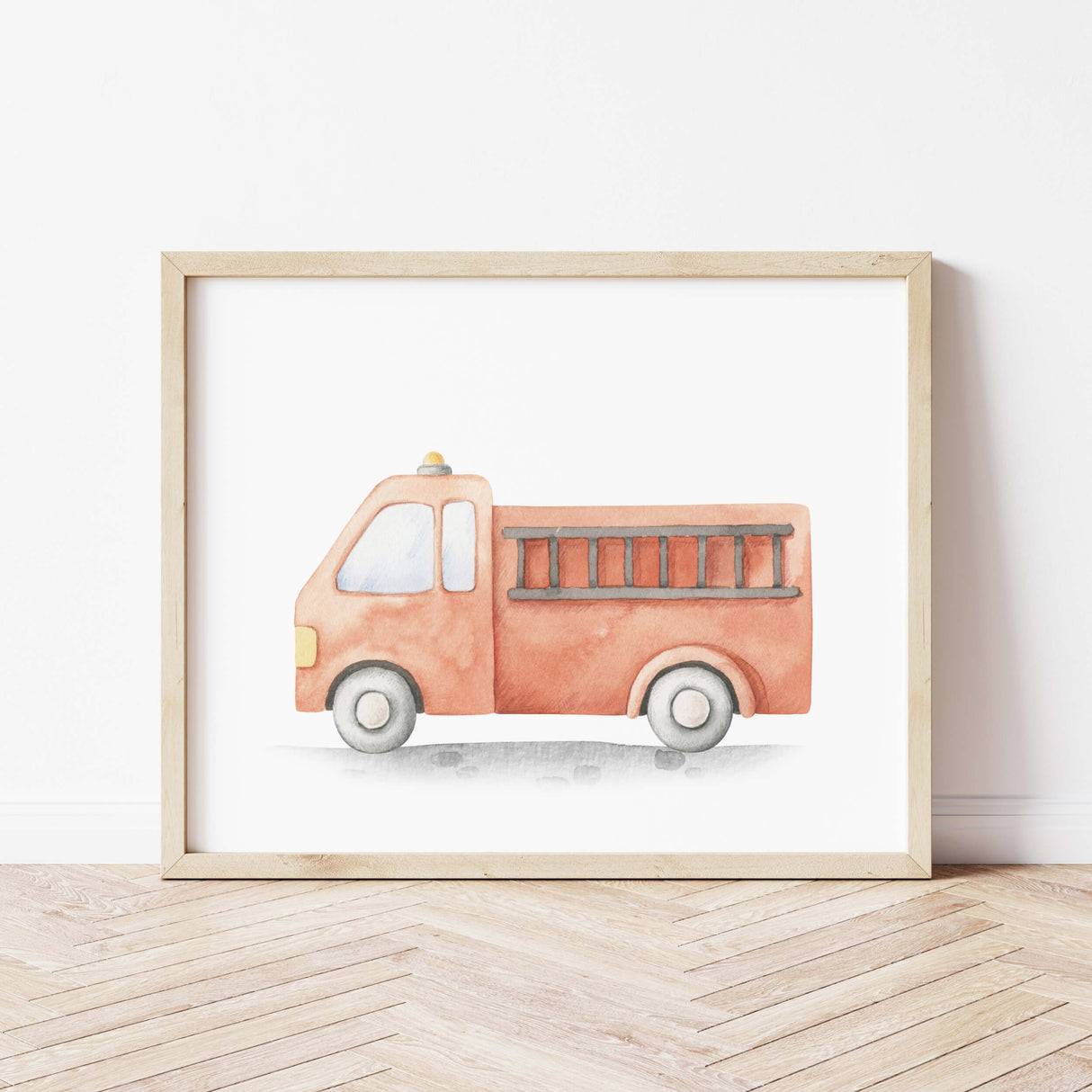 Watercolor fire truck print for toddler, boys and neutral nursery room decor.