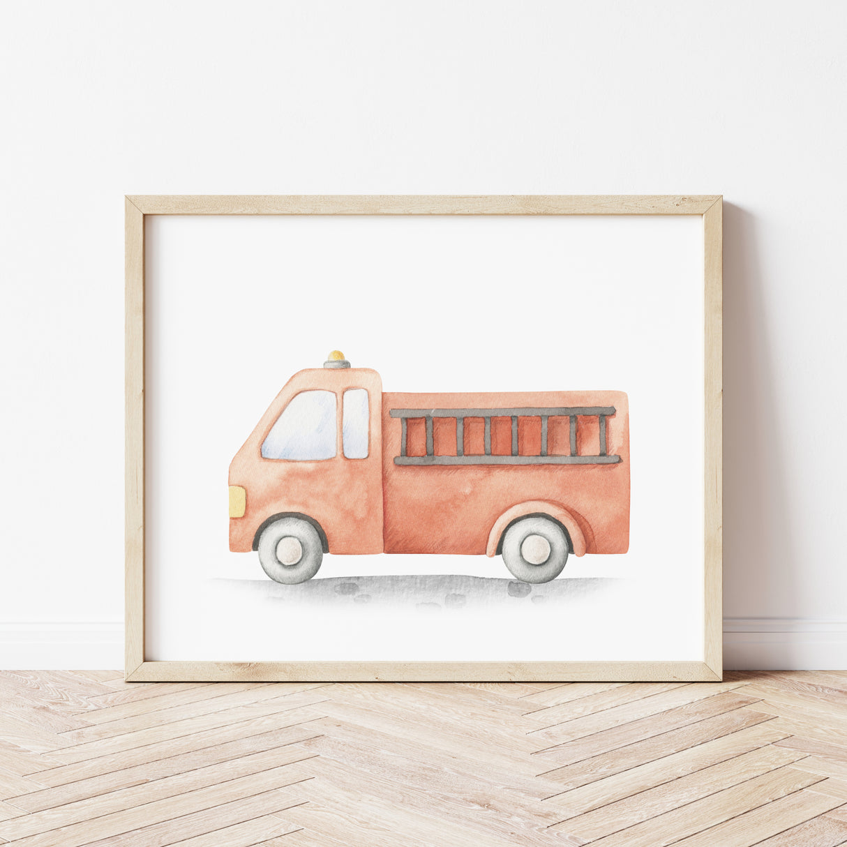 Watercolor fire truck print for toddler, boys and neutral nursery decor.