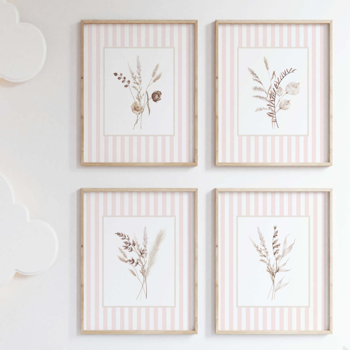 Set of 4 printable floral wall art with pink striped background