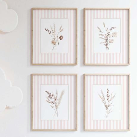 Set of 4 printable floral wall art with pink striped background