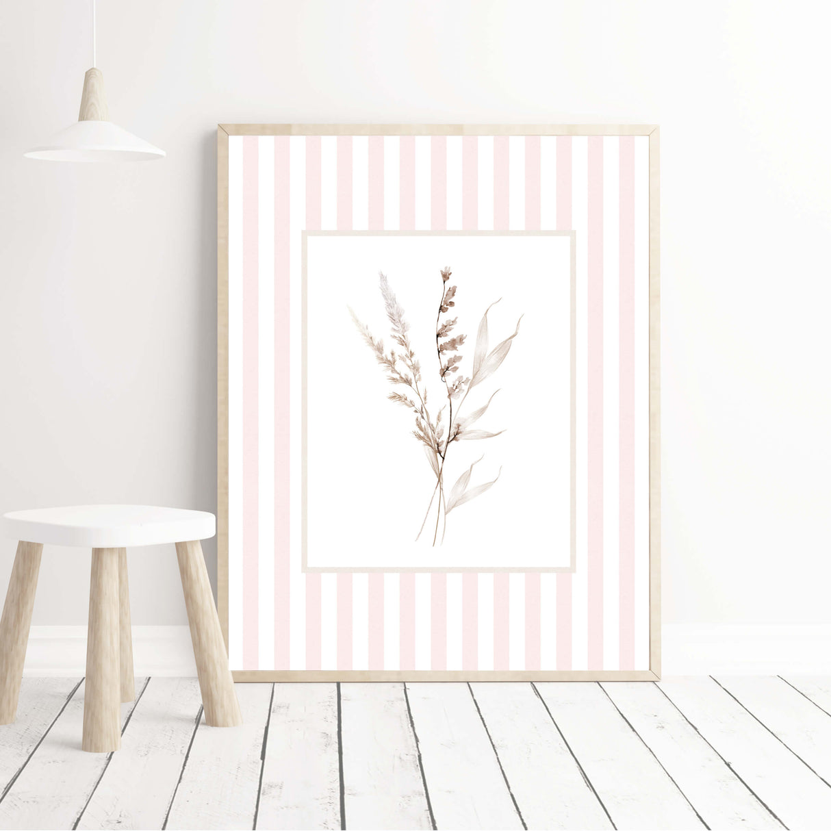 Set of 4 printable floral wall art with pink striped background