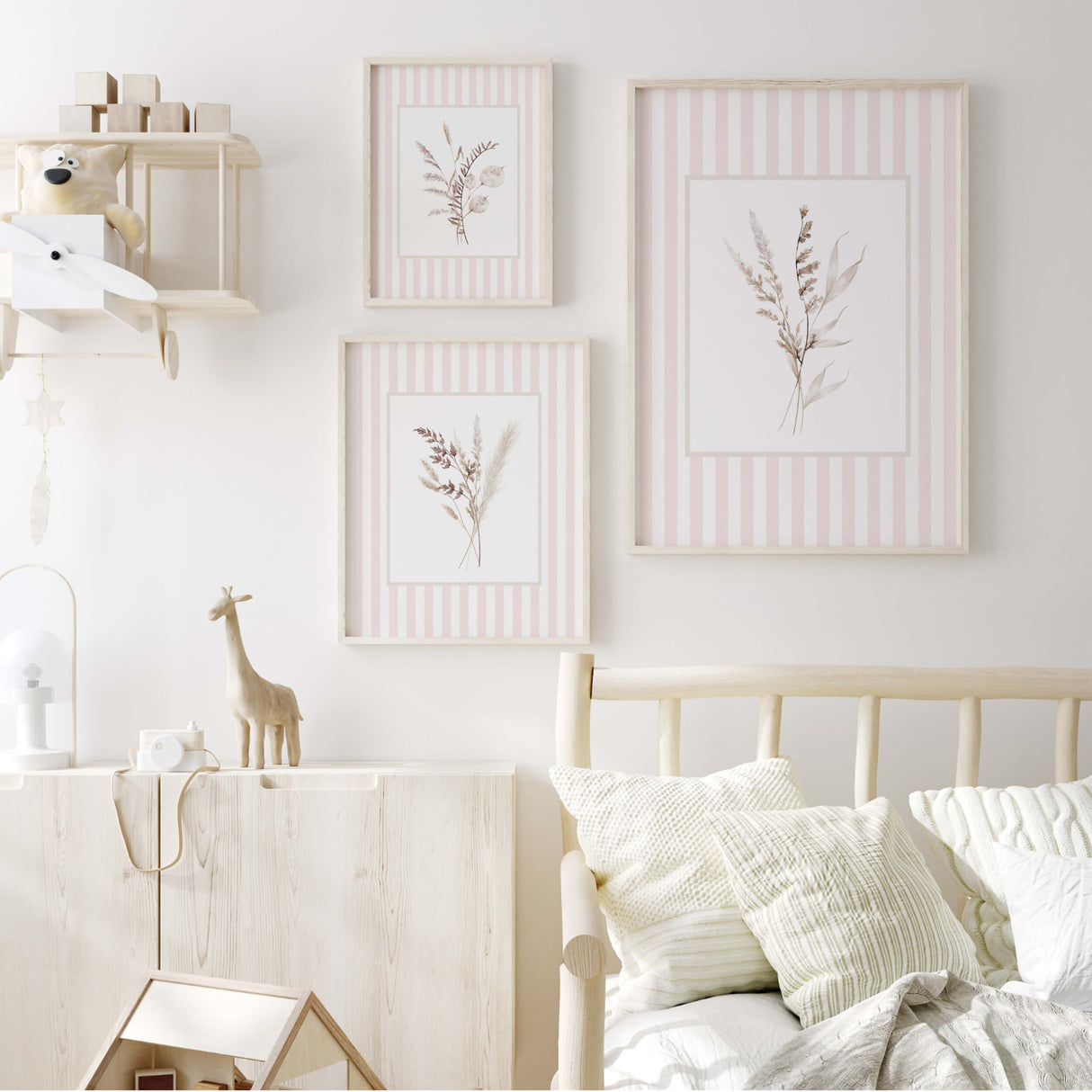 Boho floral wall art bundle with pastel stripes and botanical design