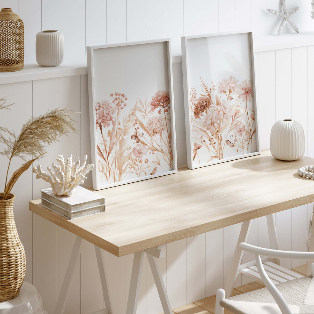 Set of 3 watercolor wildlfower in peach, orange, burgundy, pink colors print for spring and autumn home decor.