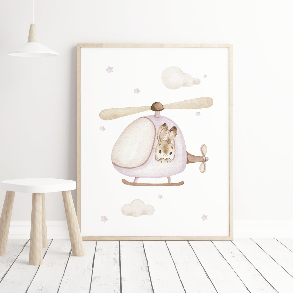 Watercolor bunny with helicopter for girls nursery decor.