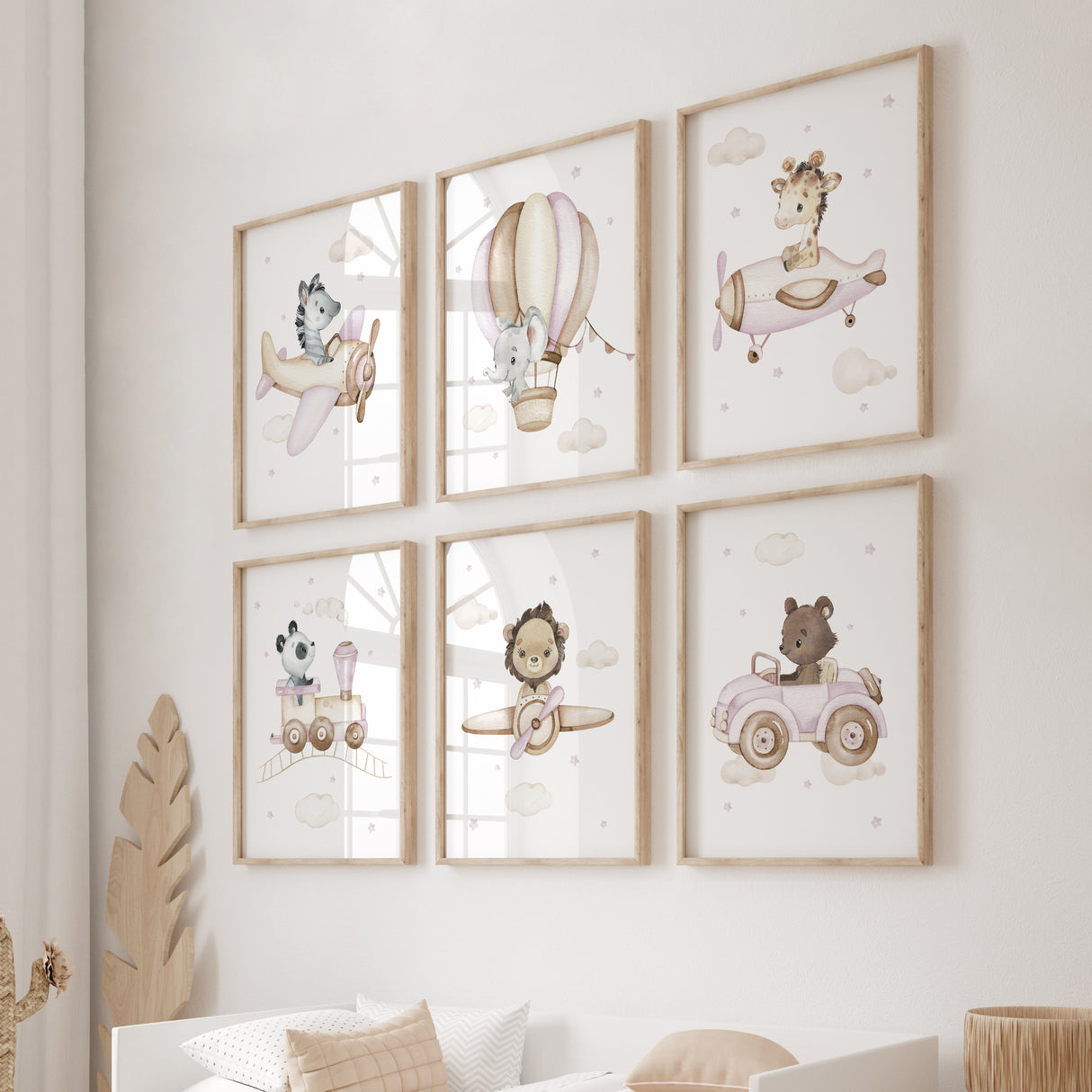 Set of 6 safari animals with airplane, car, train printable for girls nursery decor.
