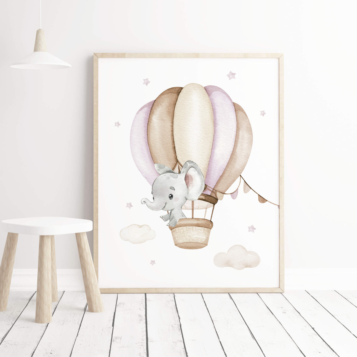 Watercolor elephant with airplane printable for girls and neutral nursery decor in pink beige brown colors.