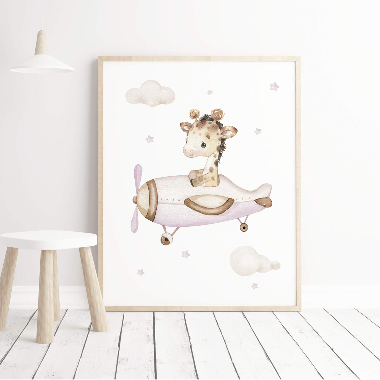 Pink beige watercolor giraffe with airplane poster for girls and neutral nursery decor.