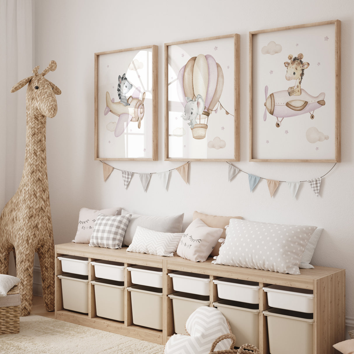Set of 3 safari animals with airplane print for girls nursery decor.
