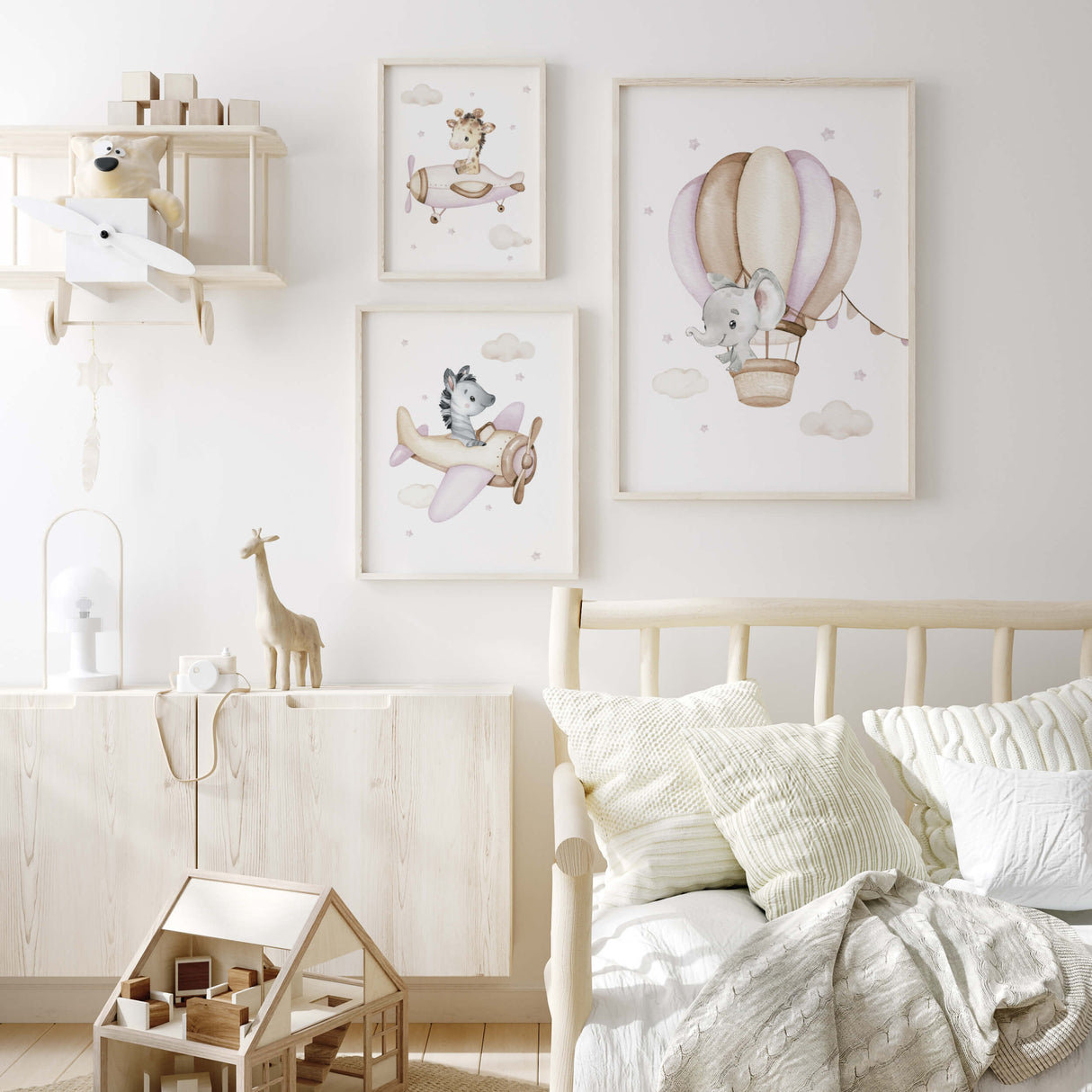 Set of 3 pink beige watercolor safari animals with airplane poster for girls and neutral nursery decor.
