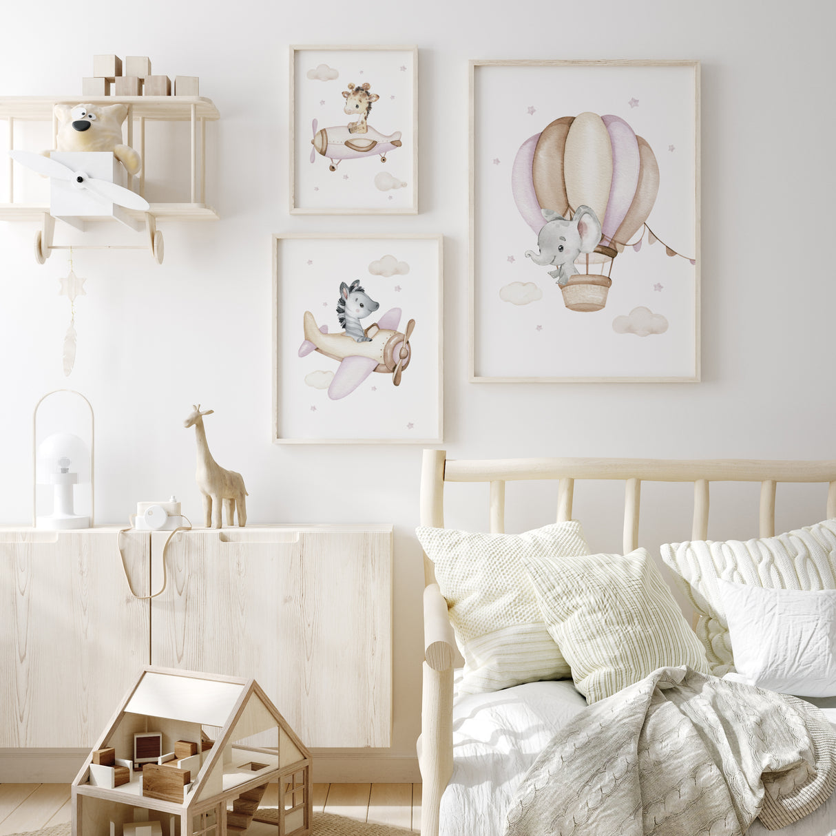 Set of 3 safari animals with airplane, giraffe, zebra, elephant in beige, pink, brown soft colors print for girls nursery decor.