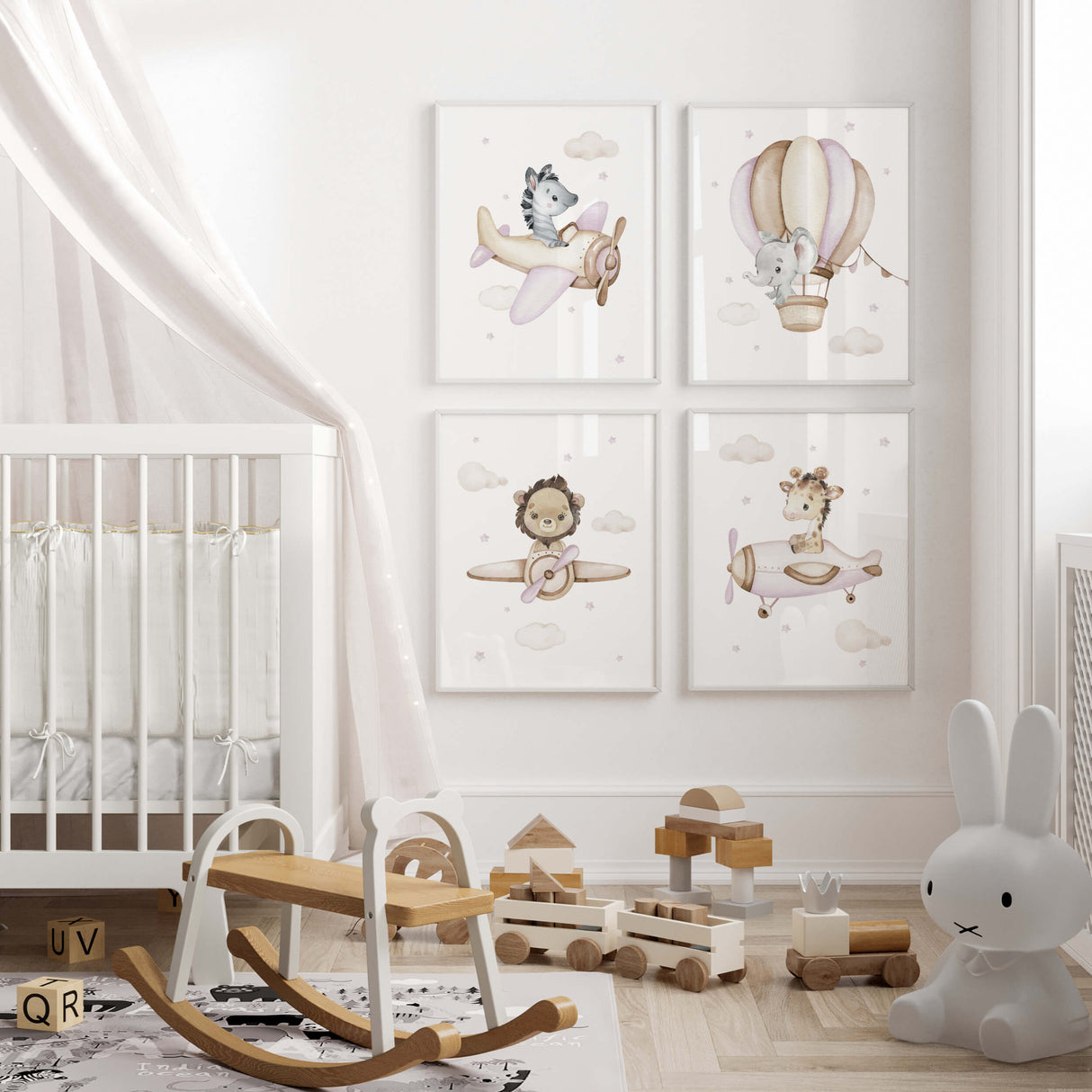 Set of 4 pink brown watercolor safari animals with airplane poster for girls and neutral nursery decor.