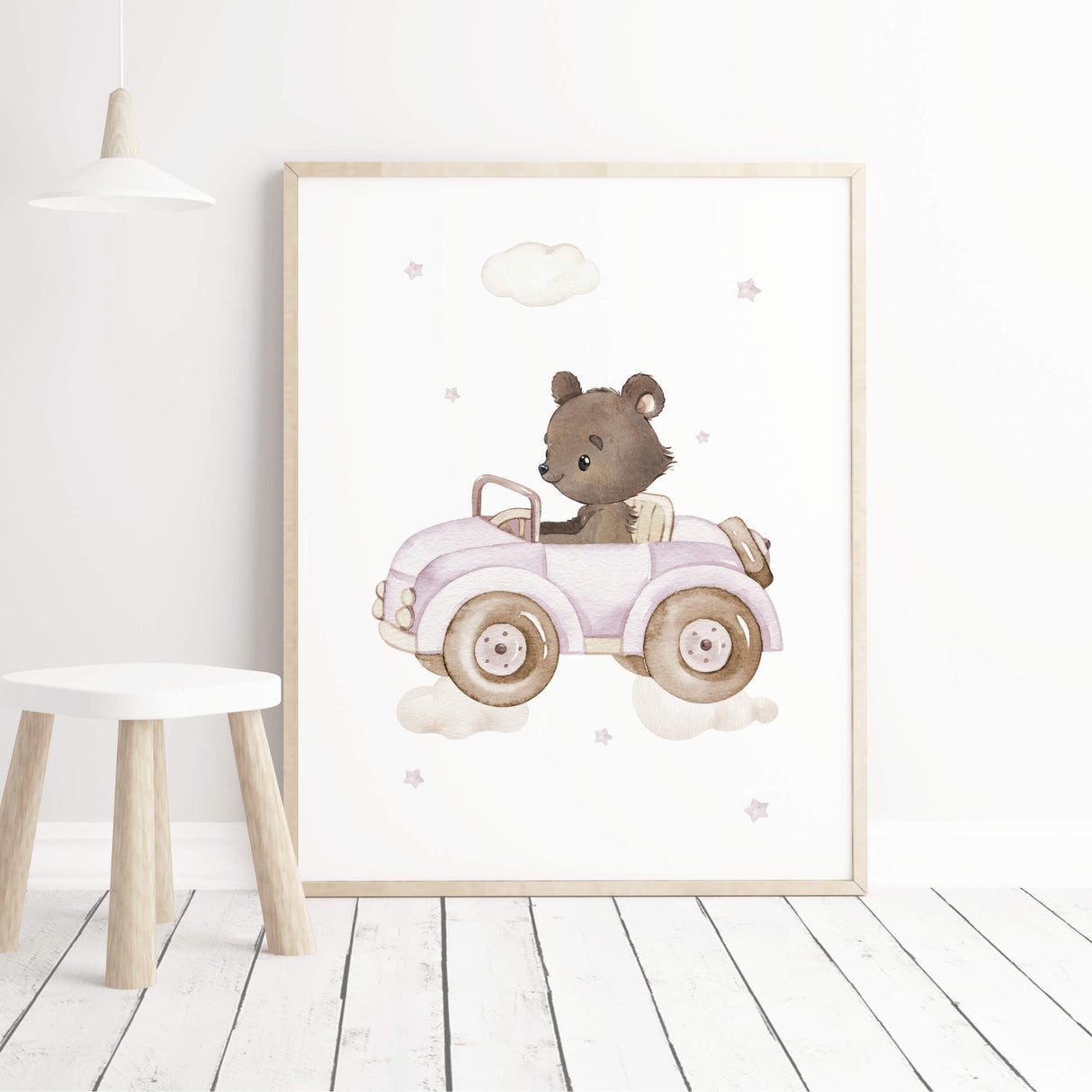 Watercolor bear with car in the air for baby girls nursery decor.