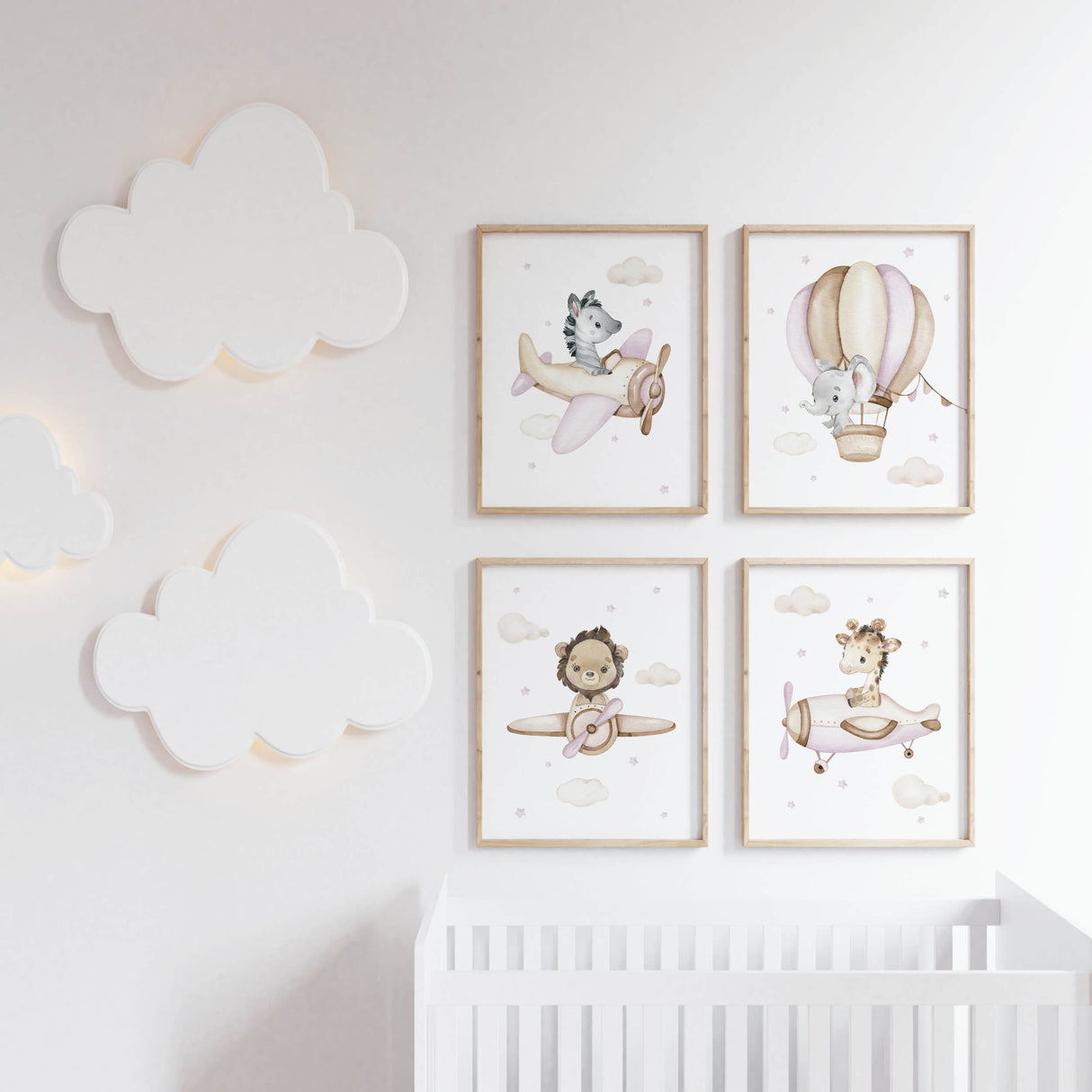 Set of 4 pink brown watercolor safari animals with airplane print for girls and neutral nursery decor.