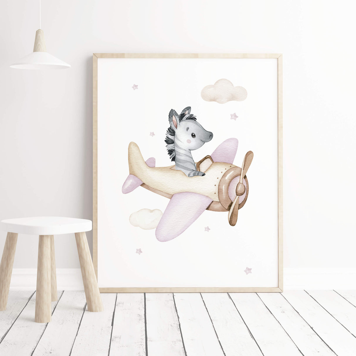 Watercolor zebra with airplane printable in pink beige colors for girls nursery decor.