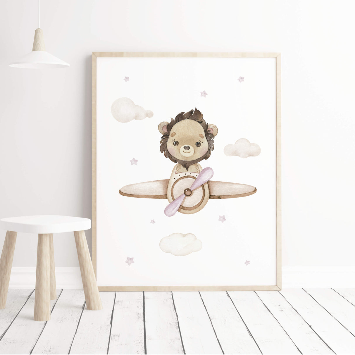 Watercolor lion with airplane print for girls and neutral nursery decor.