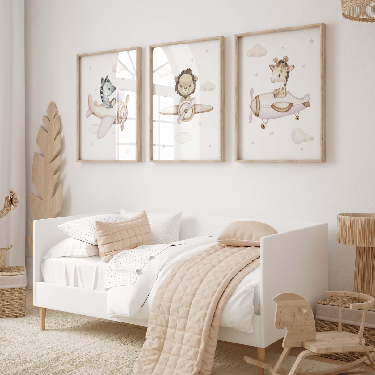 Set of 3 pink beige watercolor safari animals with airplane printable for girls and neutral nursery decor.